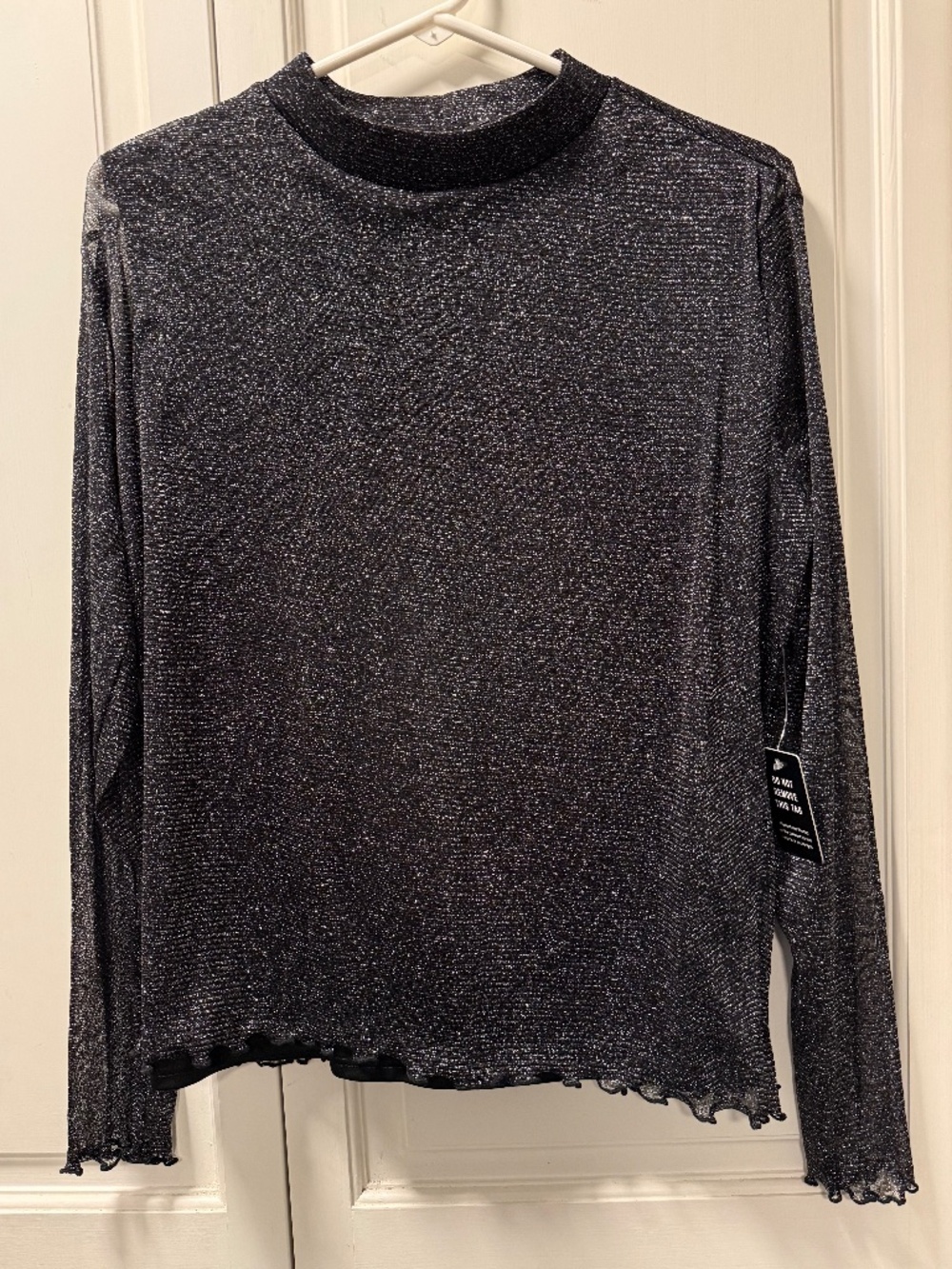 NWT Express Metallic Shimmer Mock Neck Mesh Top M Black Silver Long Sleeve